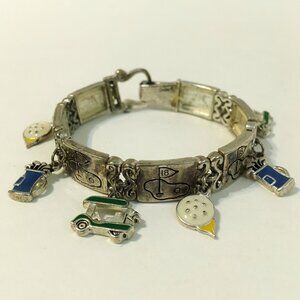 18th Hole Charm Bracelet Golf Clubs Cart Ball Silver Tone Metal Chunky Stretch